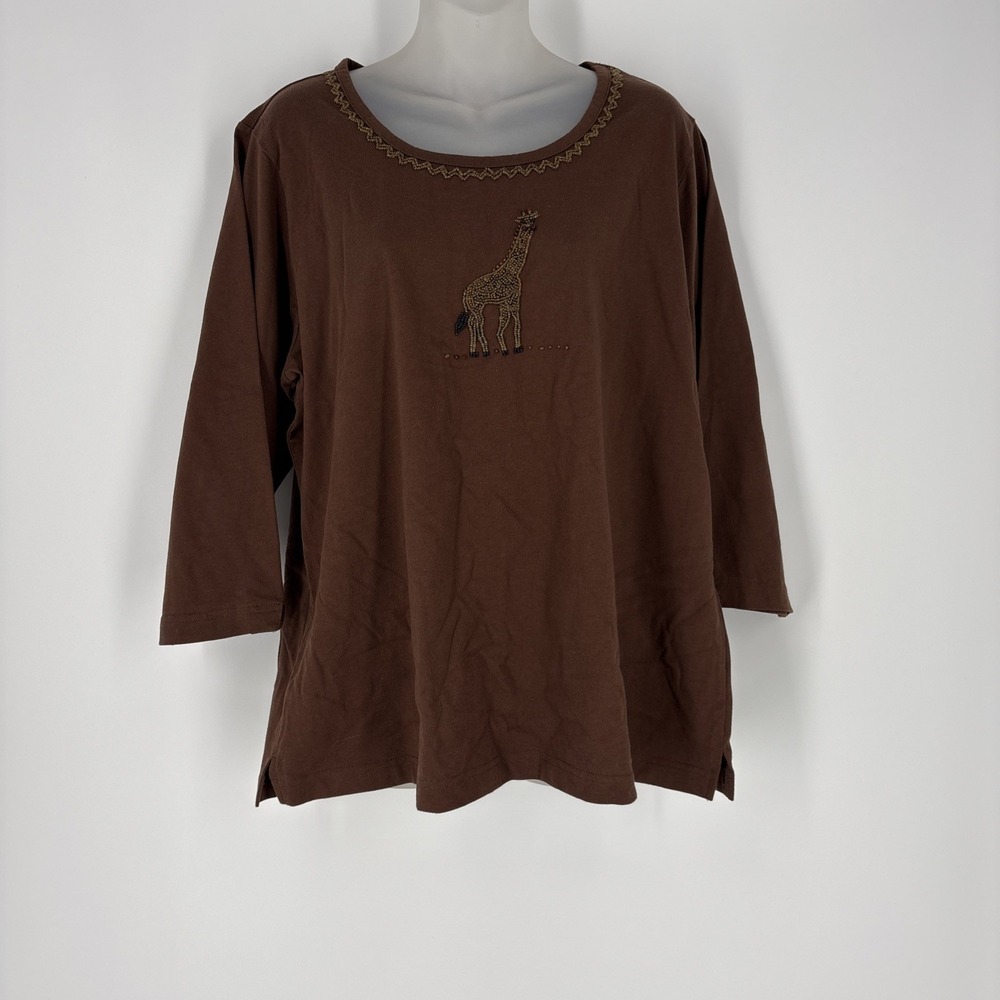 Quacker Factory  3/4 Sleeve‎ Women's Top Giraffe Detail X-Large Brown